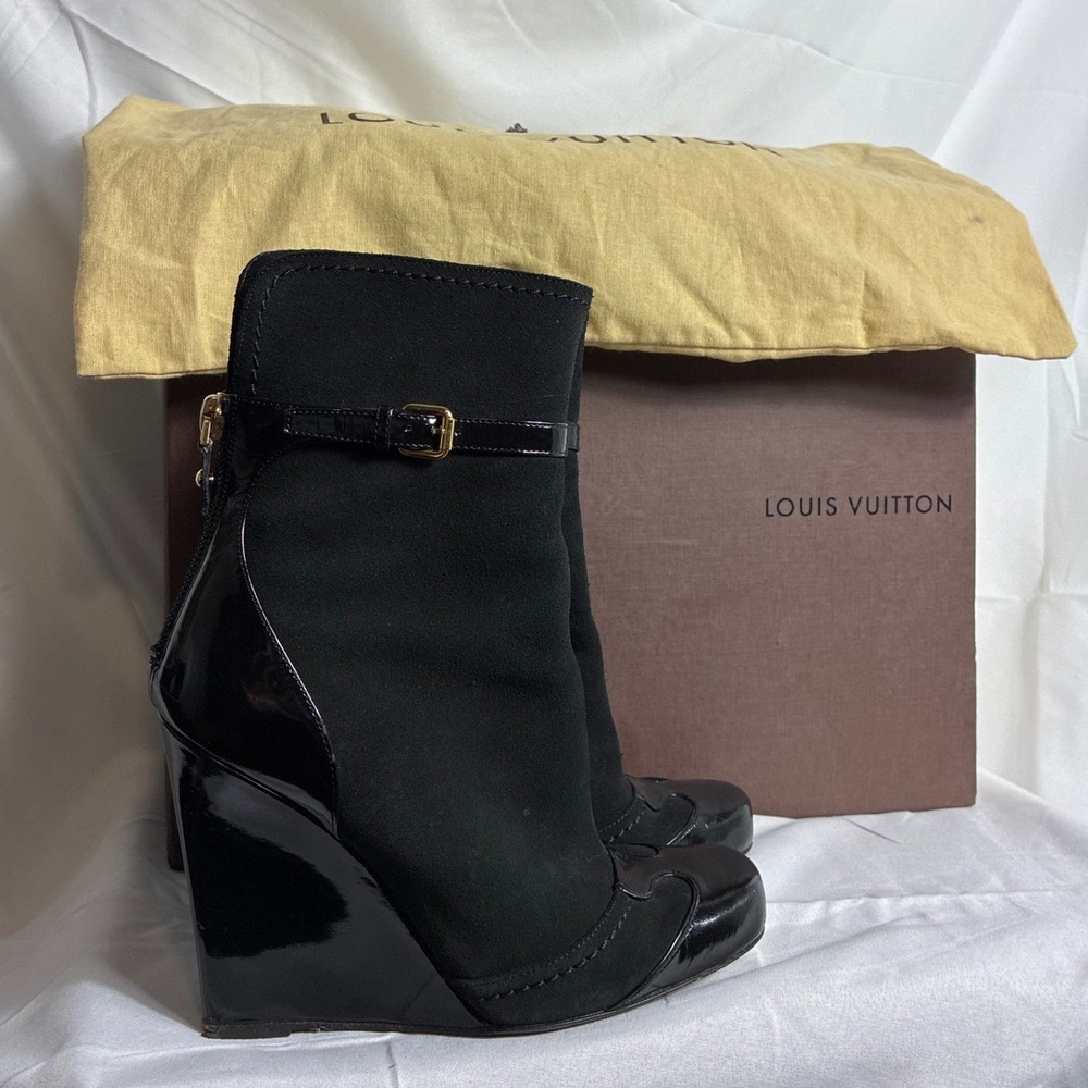Louis Vuitton Black Suede Patent Leather Wedge Ankle Boots MA0075 Size 36